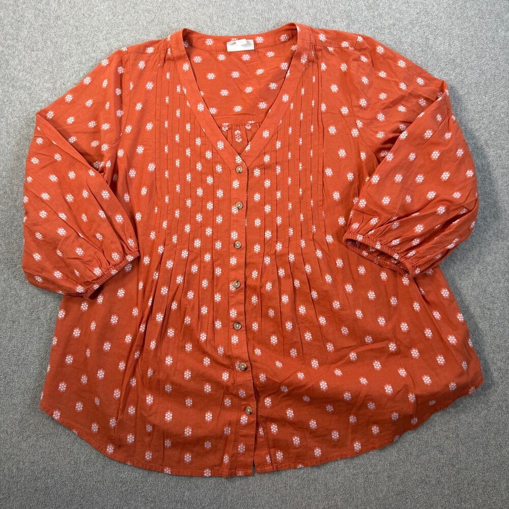 J.Jill Women's Medium Rust Orange White Floral Dot Pintuck 3/4 Sleeve Top